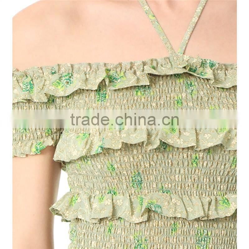 2017 OEM Femme Halter Ties Dainty Floral Elastic Ruffles Frill Blouse