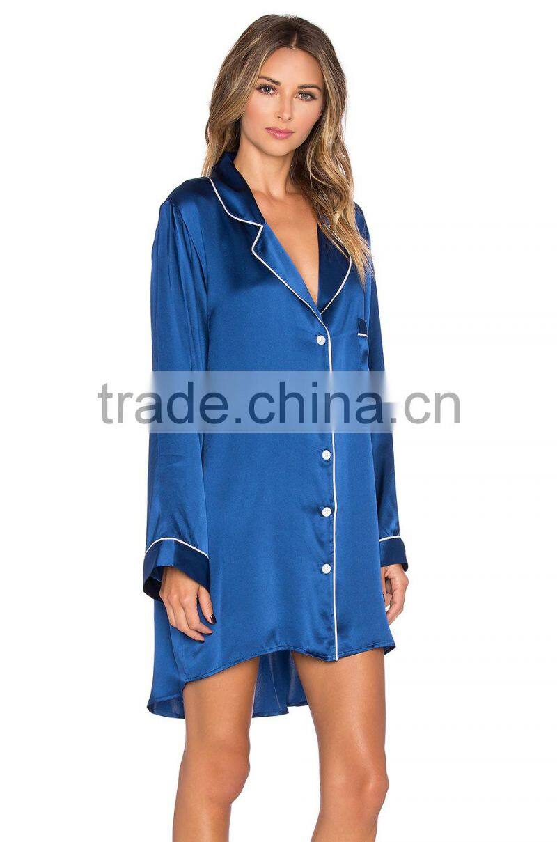 2017 fahsion style Women's Summer Sexy Silk Satin ladies long sleeve night shirts Pajamas nightgown wholesale
