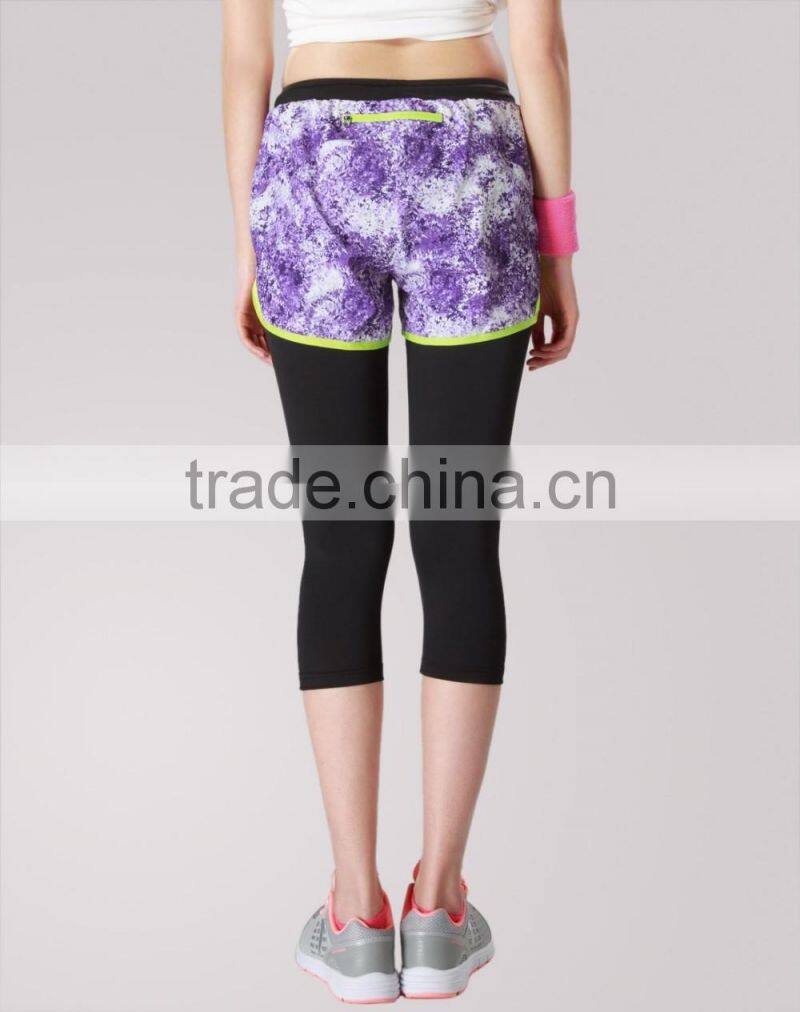Ladies open-air spring/autumn slim fit fake two-piece 3/4 quick-dry purple mesh running/yoga sports pants