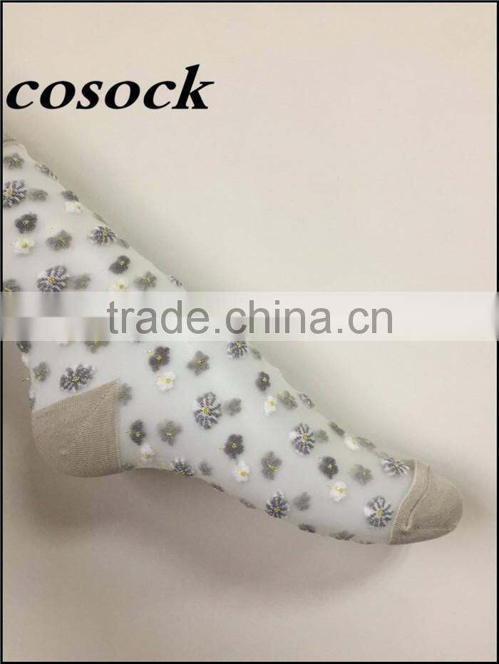 Flower jacqaurd women lovely ankle high transparent nylon summer socks