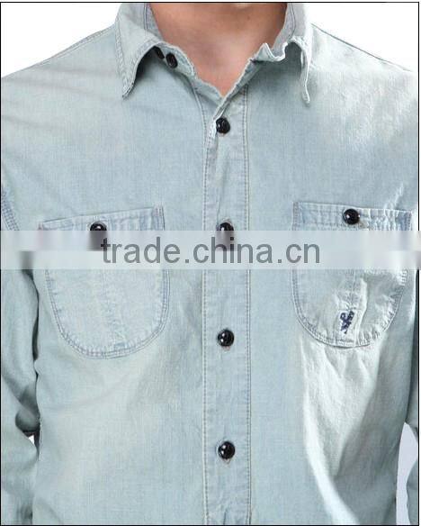 100% cotton long sleeve denim shirts with two pockets for men