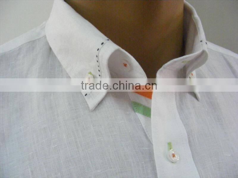 2016 pick stitch saddle stitch button down collar men's contrat color linen dress shirt