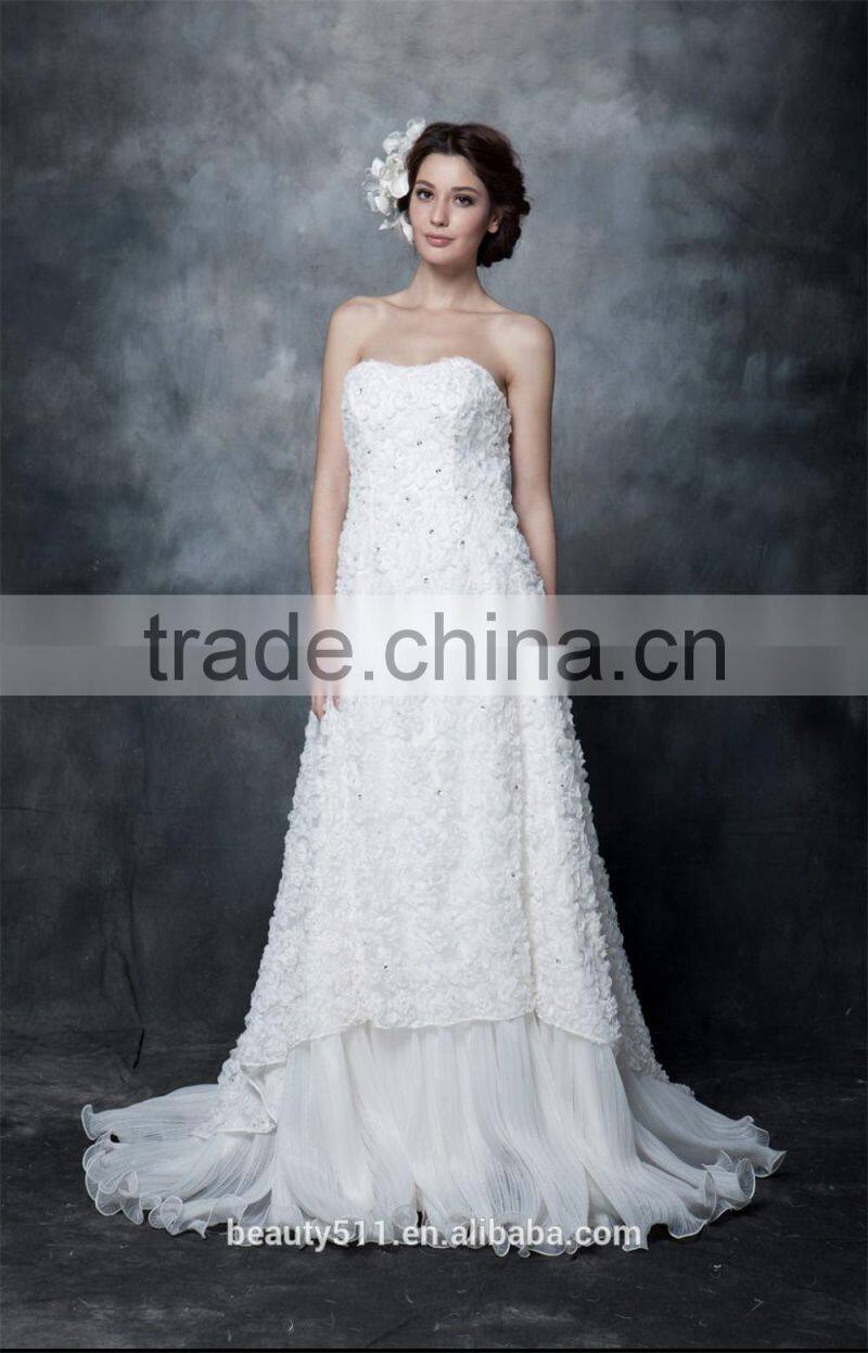 Gorgeous A-line Strapless Chapel Train Pleated Organza and Satin Wedding Dress AS29002