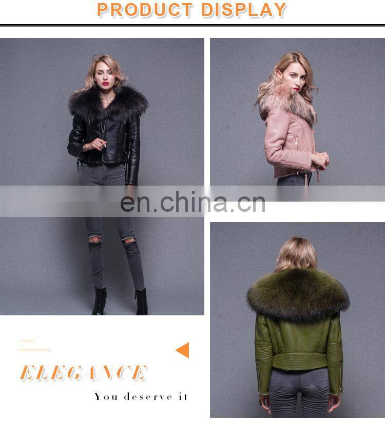 Three color selectable Big Raccoon Collar Lining Ladies Jackets Coats Winter Fashion Sheep Fur And Leahter Overcoat