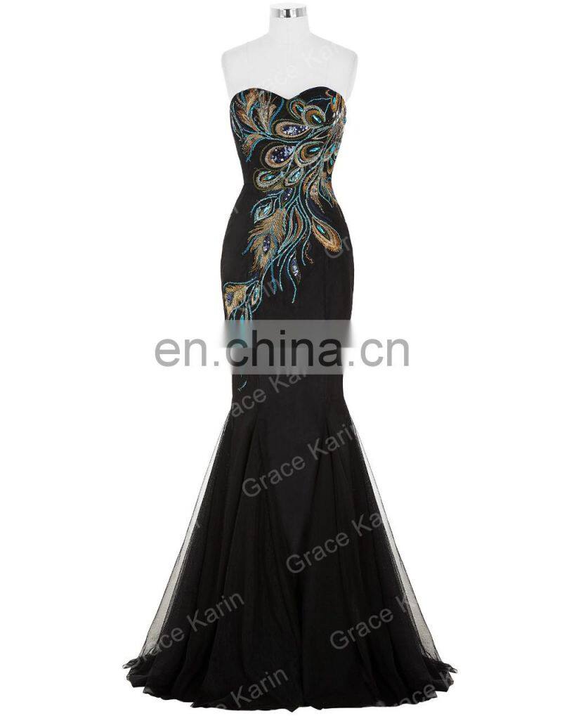 Grace Karin Full-Length Strapless Sweetheart Black Mermaid Peacock Prom Dress GK000080-1