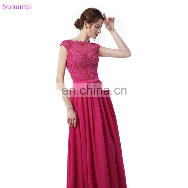 Rose Red Bridesmaid Dresses Lace Applique With Cap Sleeves High Neck Floor Length Chiffon Long Brides Maid Dress Vestidos De