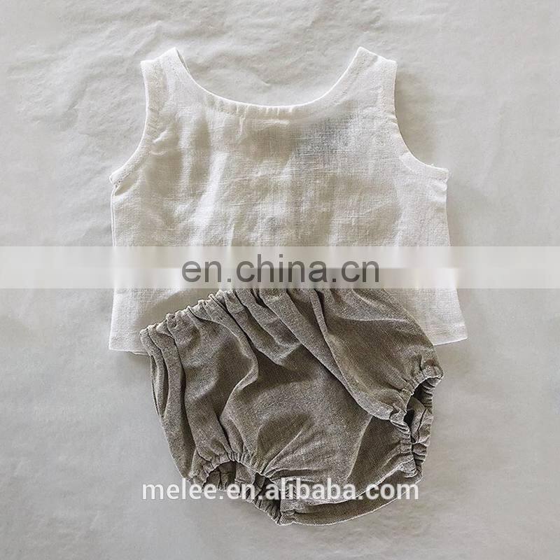 RTS Australia Hot Sale Baby Infant linen 2pcs Set Buttons Vest Tops Solid Bloomers Korean Girls Linen Outfits