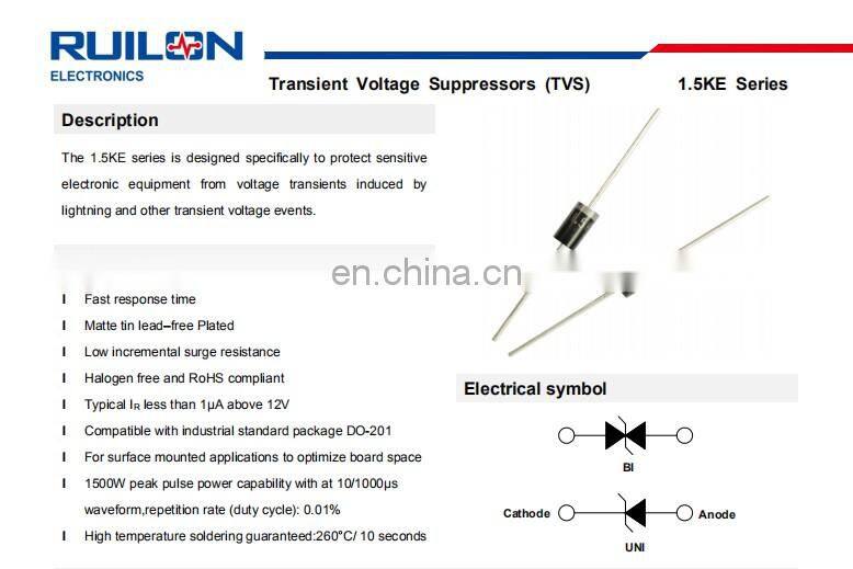 High quality TVS Transient Voltage Suppressors Diodes 1.5KE Series TVS