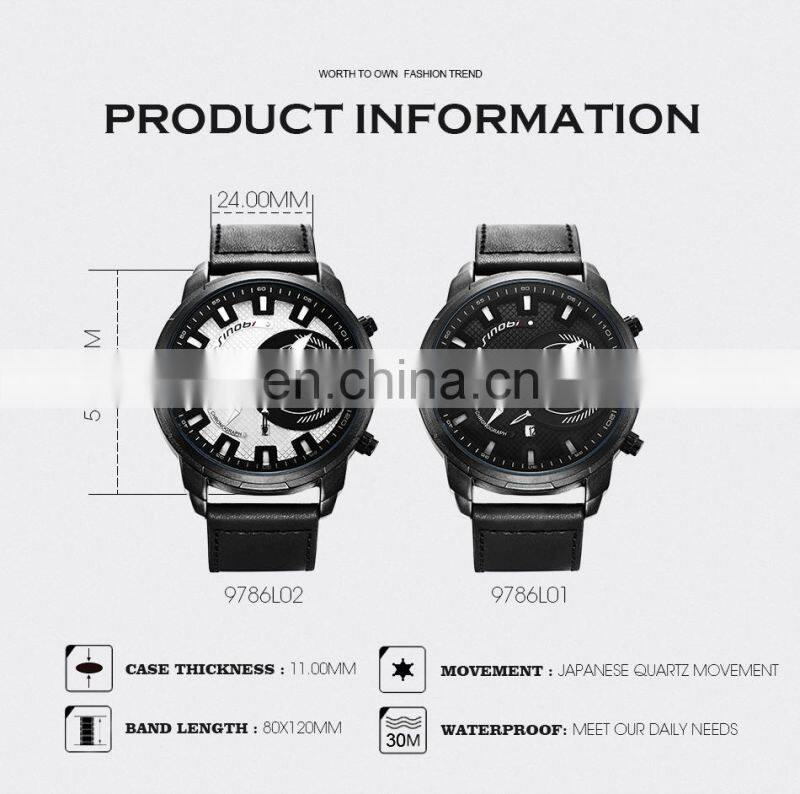 SINOBI Chronograph Men's Watch Calendar Date Function Luminous Soft Leather Band Quartz Watches S9786G Jam Tangan