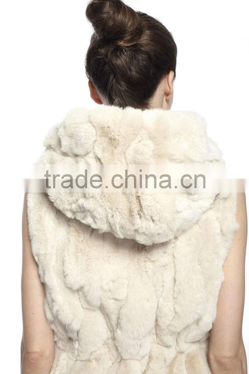 QD70886 Factory Direct Sale New Design Women's Rex Rabbit Fur Vest With Hoody
