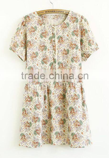 ladies long cotton linen fashion long skirt printed floral blouse