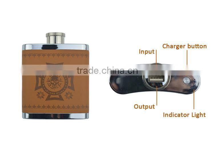 2016 Sale promotion led indicate and faux leather CE ROHS power bank/10800mah flask power bank with electronic products