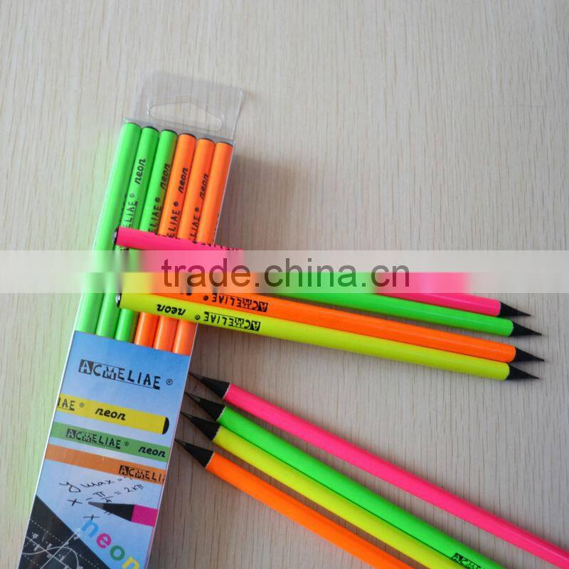 7" standard size round shape neon color body black wood pencil sharpened with dipped top