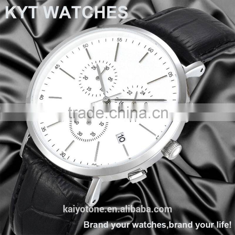 2016 KYT custom logo leather 316L stainless steel men chronograph watch