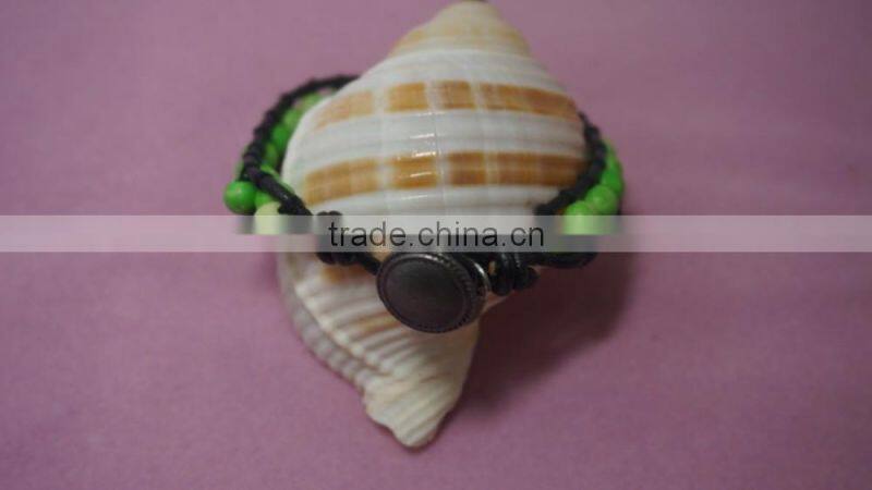 Artifical Emerald Bead Bracelet with Leather Cord and Metal Charm Superlight