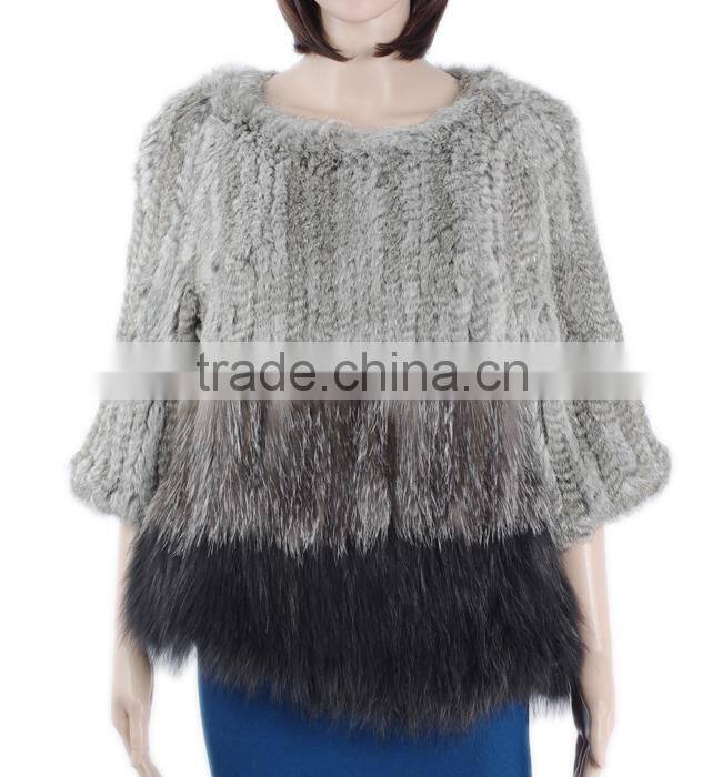 Hand knitted women fur coat knitted fox rabbit fur coat KZ150106