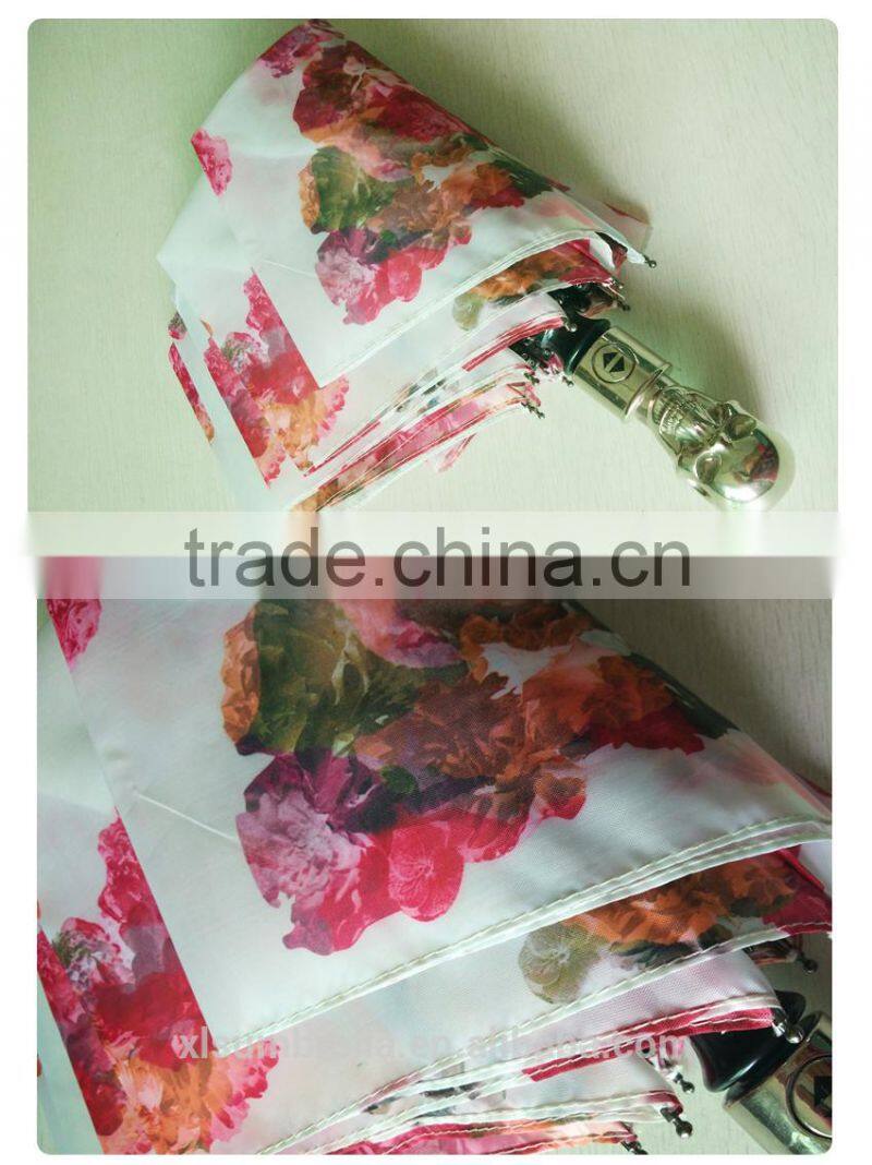 pretty floral nylon 3 fold automatic skull handle umbrella