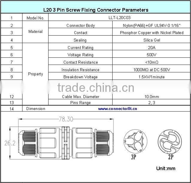 3 poles field installable screw terminal cable coupler led light connector
