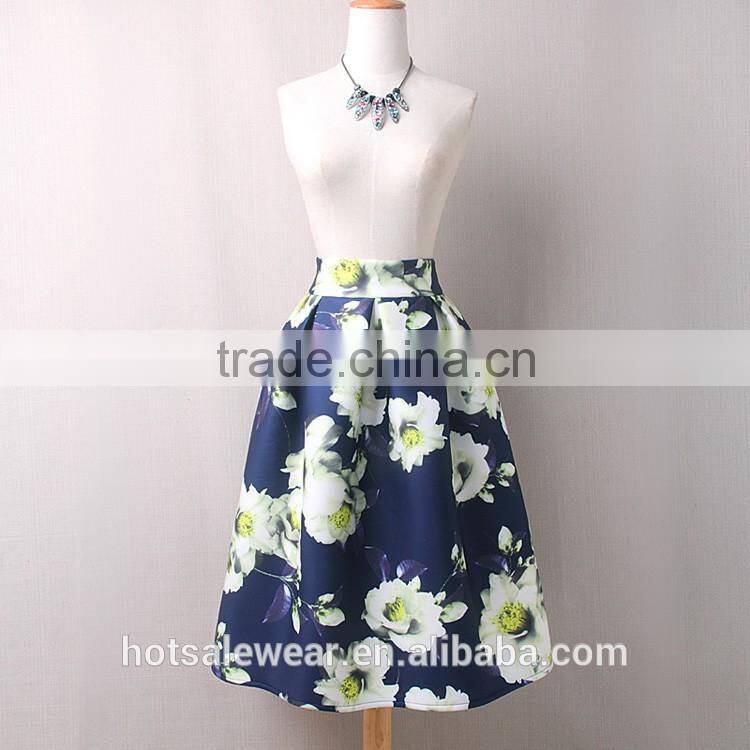 Modern Women Pattern Midi Length Skirt Floral Printed A Line Knee Length Skirt PH-9218