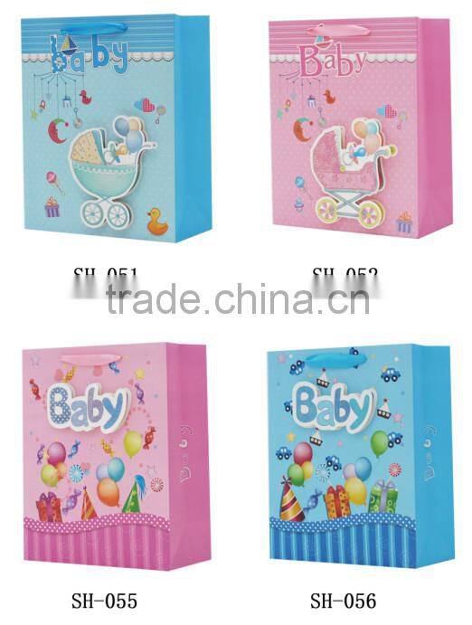 Hot popular baby series paper gift bag with company logo with ribbon handle made in china supplier and manufacture