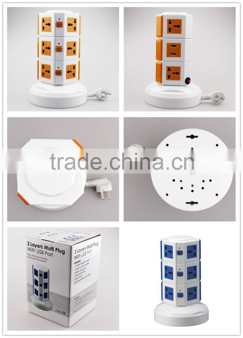 ME-S3 Three Layers Overload protection Power Extension Tower of Vertical Rotary Socket with One Meter power line and Four USB