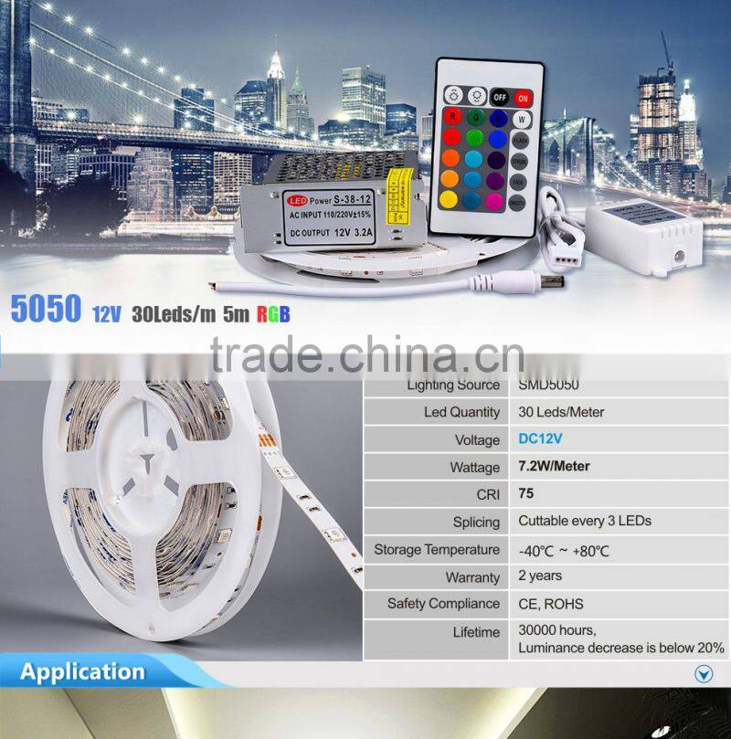 12v IP65 waterproof smd 5050 30led/m flexible rgb led strip with remote controller