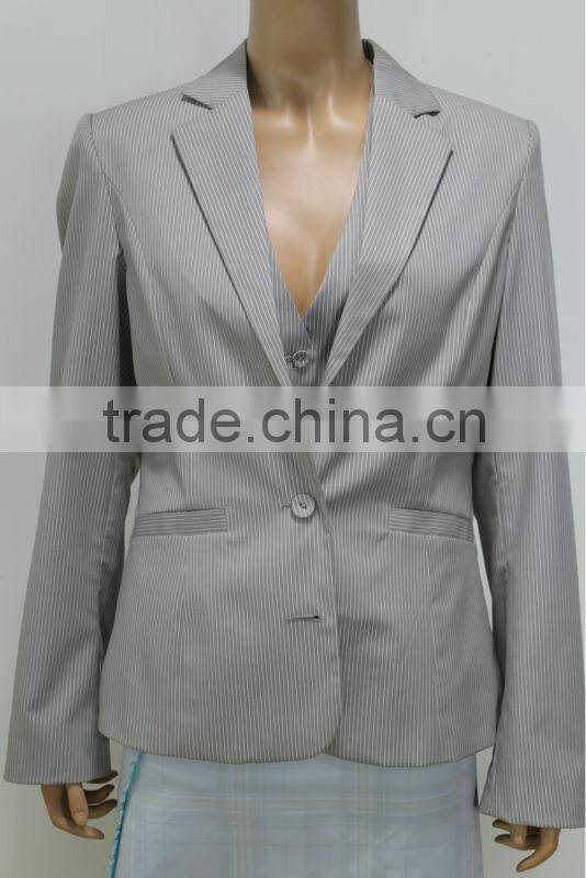 2014 Spring Jacket Women Garment Long-Sleeve Turn-Down Collar Striped Light Grey Formal Jacket And Vest 2 Piece Set