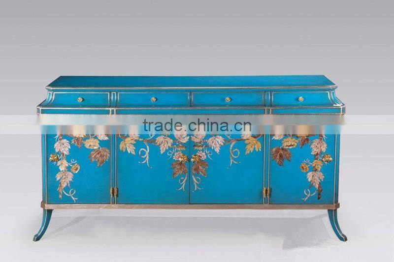 Vintage Wood Carved Buffet Cabinets With Hand Painted,Exquisite Seasell Mosaic Sideboard, Classical Cupboard For Home Decoration