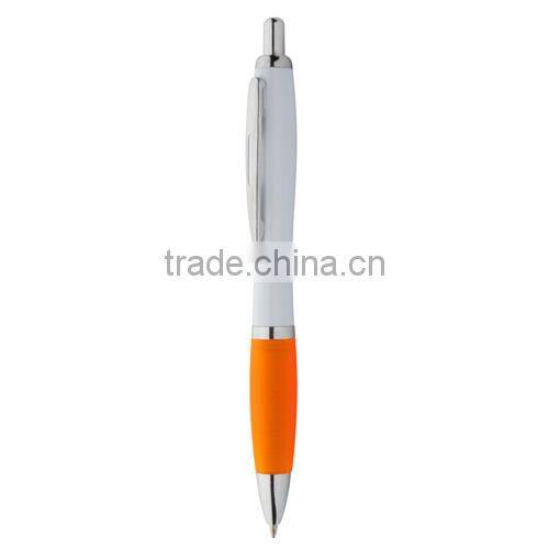 Popular white promotional pen with coloured rubber grip ans shiny chrome parts
