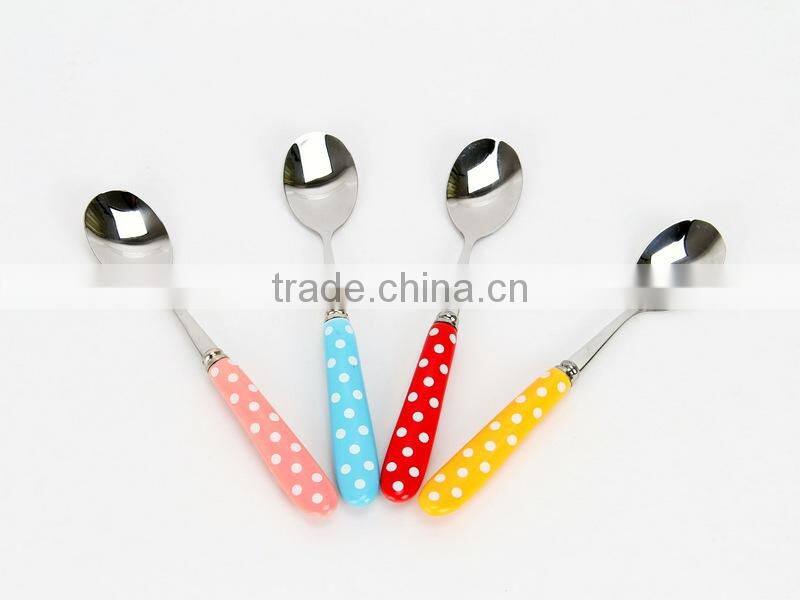 Stainless Steel white polka dot of ceramic handle Zakka spoon and fork
