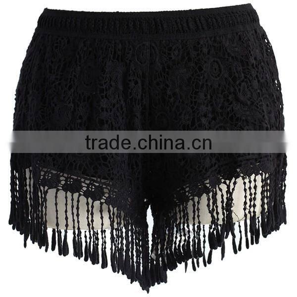 summer 2017 Women Wear Clothing black Lace Crochet Fringe Shorts