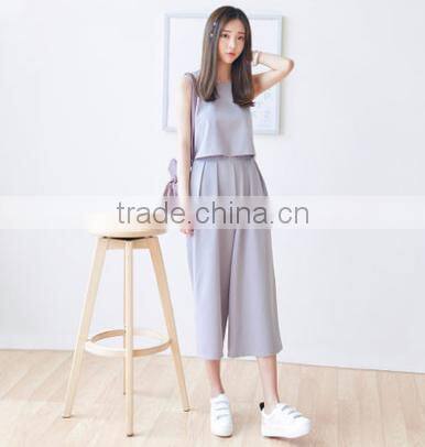 2016 New Fashion Girls Suits 2 Pieces Round Collar Sleeveless Tops+Slim Thin Korean Style Ultra-wide-leg Loose Trousers