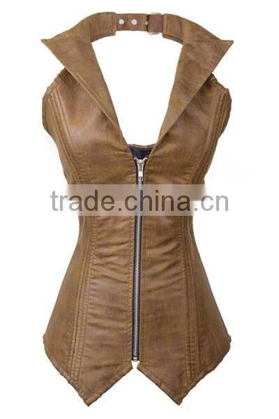 Women's Steel Boned Corset Gothic Faux Leather Halter Collar Steampunk Bustier
