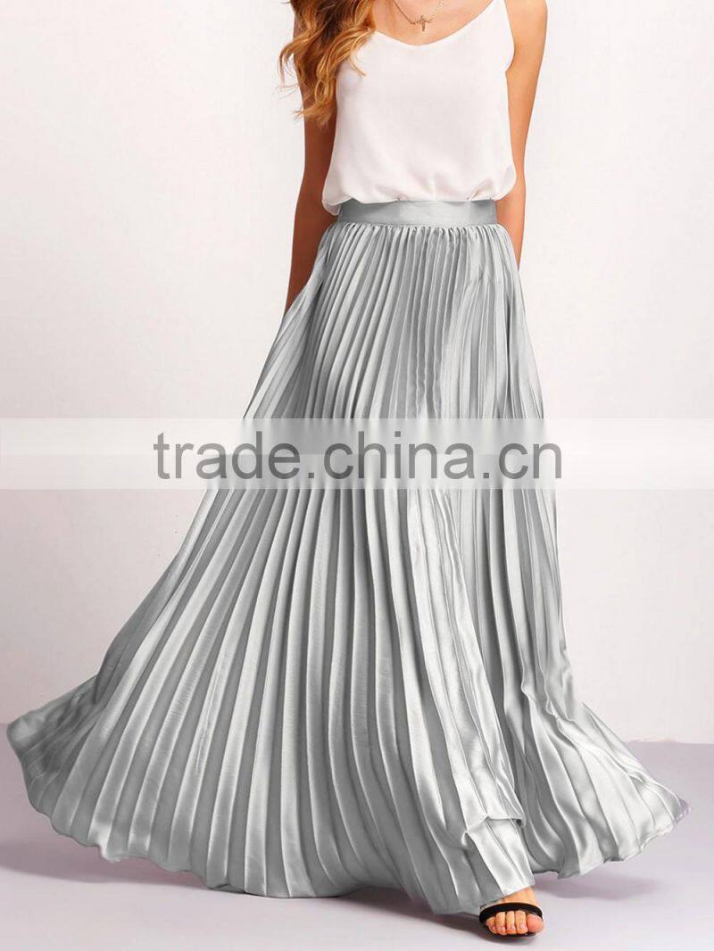 Silver Zipper Side Pleated Flare Maxi Skirt Fashionable Designs High Waist Pleated Skirt