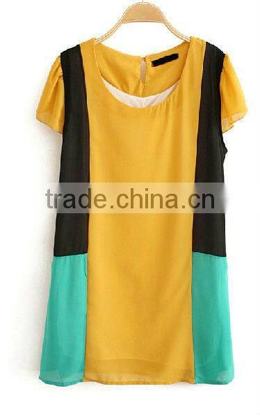 Summer Fashion hot sell short sleeve color combined loose fit women blouse