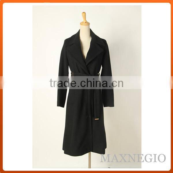 High qualtiy big lapel long belted camel wool coat