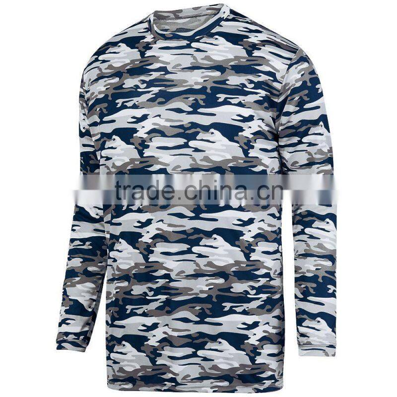 Camo Style Long Sleeve Wicking Tee Self Fabric Collar Custom Color Logo Printing Tshirt 100% Polyester Wicking Printed Knit Long