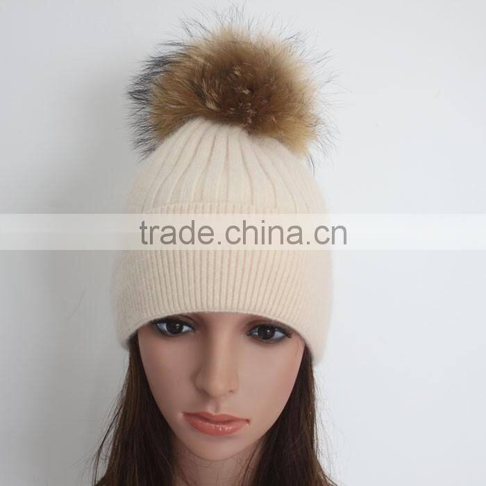 Myfur Wholesale Classic Beige Angola Rabbit Custom Knitted Pom Beanie Hat with Fur Pom