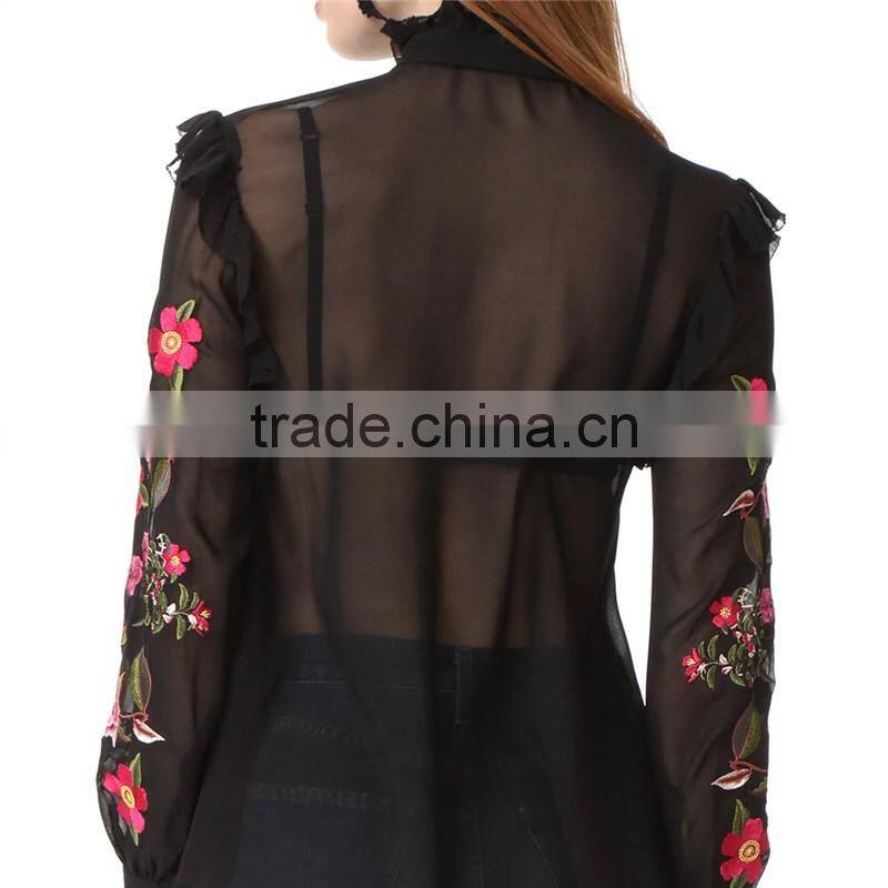 2017 OEM Peony Embroidered Silk-chiffon Button Keyhole Ruffle Blouse