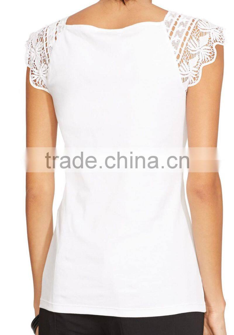 Stylish Lace Sleeves Cotton Top for Ladies Ballet Neckline White OEM T Shirt Women