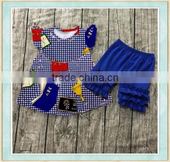 Back to school boutique outfit flutter sleeve and bule ruffle short pant holiday clothing kids sets