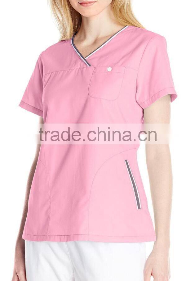 women's sporty crossover V-Neck scrub top stripe trim nurse uniform