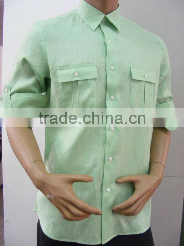 2016 men's green linen shirt with two chest pocket