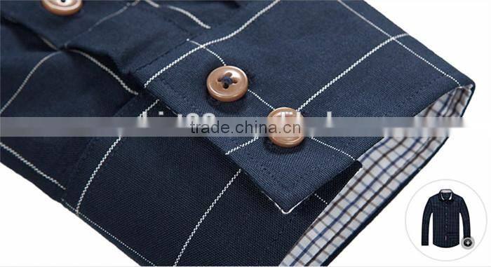 2016 navy blue men button down plaid slim fit casual shirt