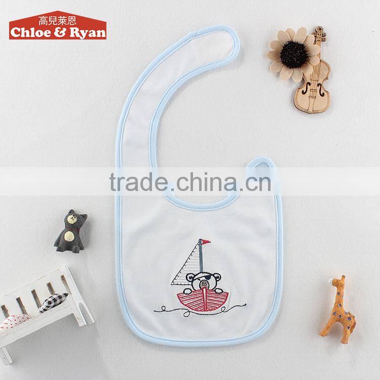 Top quality boutique cute fancy plain blue cotton waterproof baby bib manufacturer