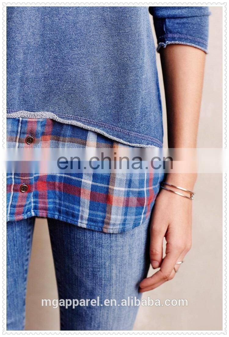 china wholesale women clothes layered plaid cotton jersey hoodie with flannel trim manufacturers