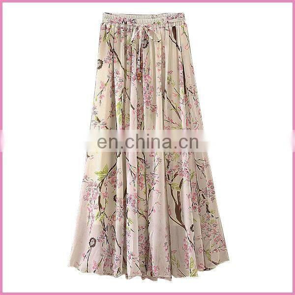 summer new fashion printed chiffon drawstring long skirt