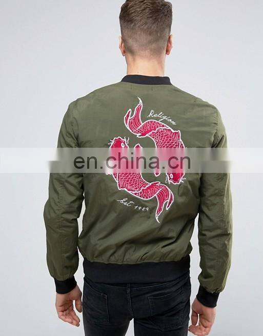 2017 Wholesale New Design Bomber Jacket with Koi Carp Back Embroidery
