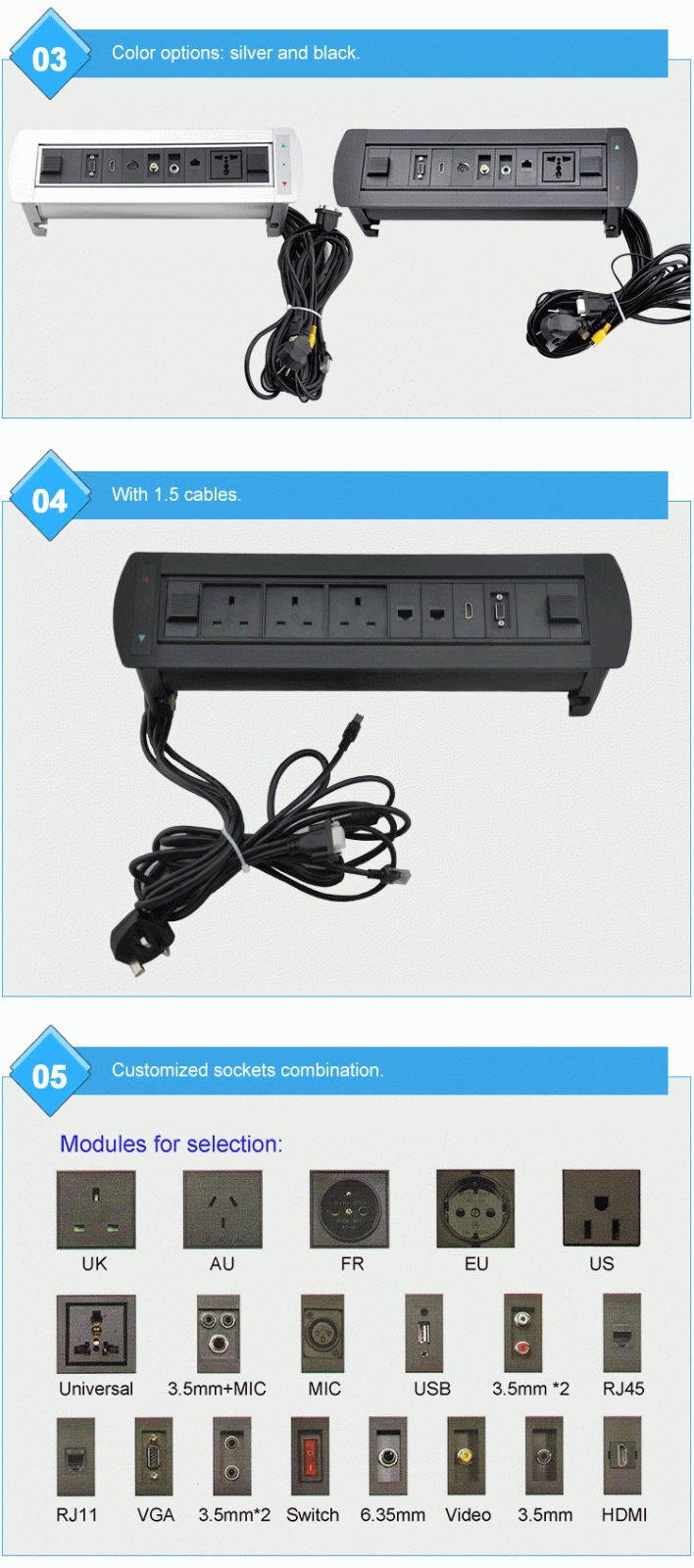 Motorized Hotel Magnesium Alloy furniture Power Outlet With Usb Socket