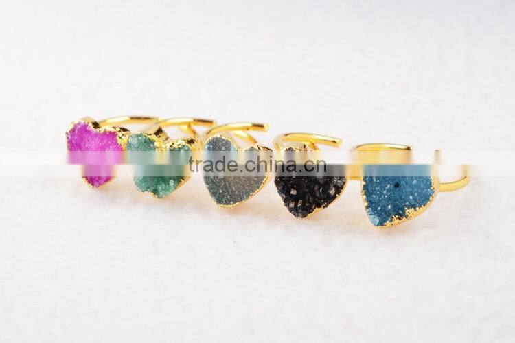 Gold plated natural rainbow heart druzy agate stone adjustable knuckle ring